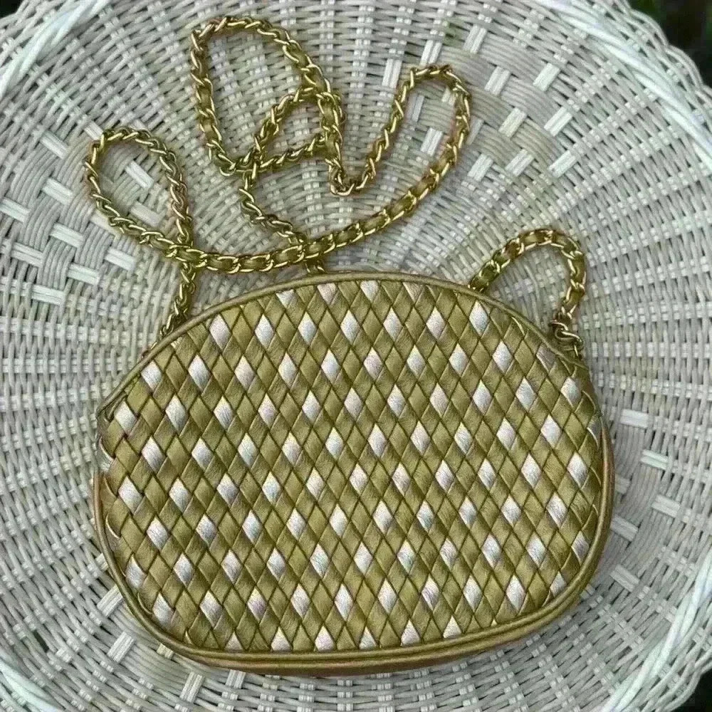 Saddle River metallic gold and silver crossbody bag purse. Woven front